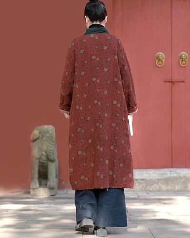 LZJN Womens Jackets Long Linen Floral Printed Cotton Quilted Warm Padded Long Loose Coats Winter Plus Size in Saudi Arabia