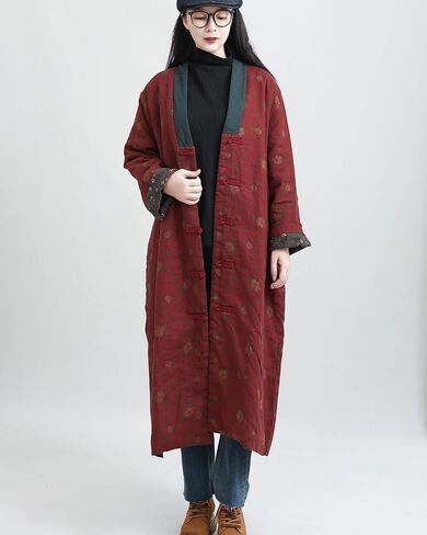 LZJN Womens Jackets Long Linen Floral Printed Cotton Quilted Warm Padded Long Loose Coats Winter Plus Size in Saudi Arabia