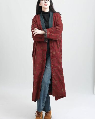 LZJN Womens Jackets Long Linen Floral Printed Cotton Quilted Warm Padded Long Loose Coats Winter Plus Size in Saudi Arabia