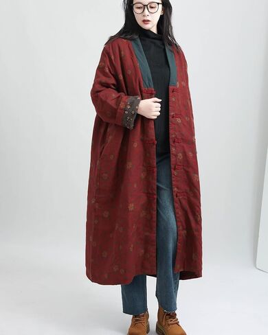 LZJN Womens Jackets Long Linen Floral Printed Cotton Quilted Warm Padded Long Loose Coats Winter Plus Size in Saudi Arabia