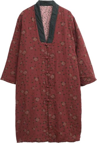 LZJN Womens Jackets Long Linen Floral Printed Cotton Quilted Warm Padded Long Loose Coats Winter Plus Size in Saudi Arabia