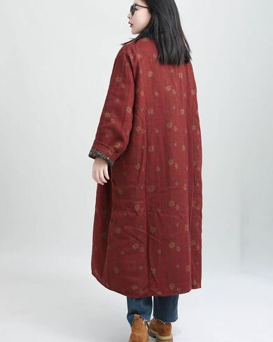 LZJN Womens Jackets Long Linen Floral Printed Cotton Quilted Warm Padded Long Loose Coats Winter Plus Size in Saudi Arabia