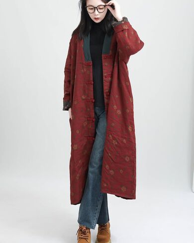 LZJN Womens Jackets Long Linen Floral Printed Cotton Quilted Warm Padded Long Loose Coats Winter Plus Size in Saudi Arabia