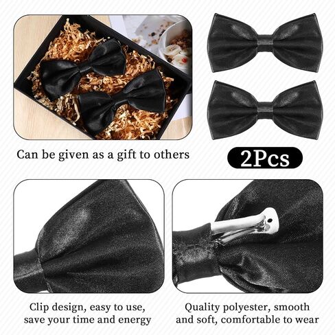 DIVINA VITAE 2Pcs Clip On Bow Ties for Men, Solid Black Bow Tie for Shirts Vests Tuxedos Suits Party Graduation Gifts in Kuwait