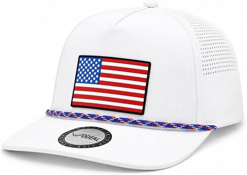American Flag Snapback Performance Hat, Adjustable Quick Dry USA Flat Bill Caps for Men & Women, Laser Cut Patriotic Trucker Hat White in Kuwait