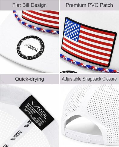American Flag Snapback Performance Hat, Adjustable Quick Dry USA Flat Bill Caps for Men & Women, Laser Cut Patriotic Trucker Hat White in Kuwait