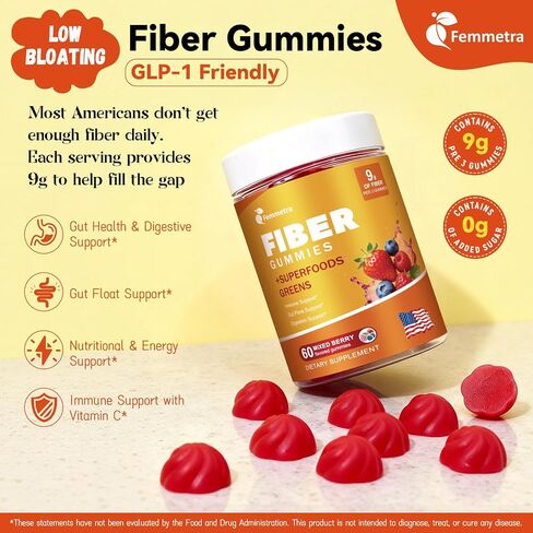 10-in-1 Prebiotic Fiber Gummies for Digestive Health & Regularity - GLP-1 Friendly - No Sugar Added Mixed Berry Flavor with Greens - Daily Supplement for Adults - 60 Count in Saudi Arabia