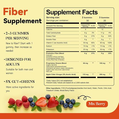 10-in-1 Prebiotic Fiber Gummies for Digestive Health & Regularity - GLP-1 Friendly - No Sugar Added Mixed Berry Flavor with Greens - Daily Supplement for Adults - 60 Count in Saudi Arabia