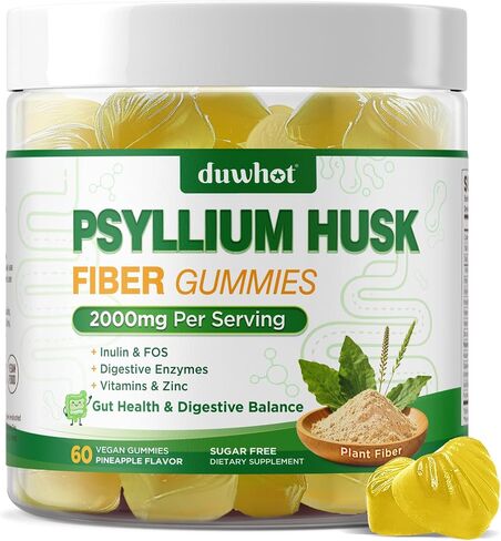 Psyllium Husk Gummies for Adults, 2000mg Psyllium Husk Fiber Supplement with Acacia Fiber, Inulin & FOS, Digestive Enzymes for Gut Health & Regularity, Vegan, Organic, Sugar Free, Pineapple, 60 Chews in Kuwait