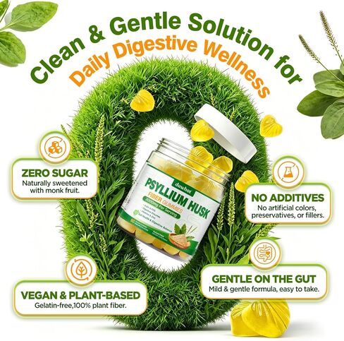 Psyllium Husk Gummies for Adults, 2000mg Psyllium Husk Fiber Supplement with Acacia Fiber, Inulin & FOS, Digestive Enzymes for Gut Health & Regularity, Vegan, Organic, Sugar Free, Pineapple, 60 Chews in Kuwait