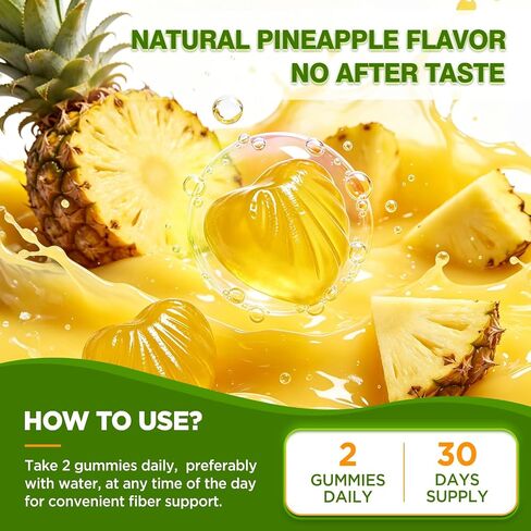 Psyllium Husk Gummies for Adults, 2000mg Psyllium Husk Fiber Supplement with Acacia Fiber, Inulin & FOS, Digestive Enzymes for Gut Health & Regularity, Vegan, Organic, Sugar Free, Pineapple, 60 Chews in Kuwait