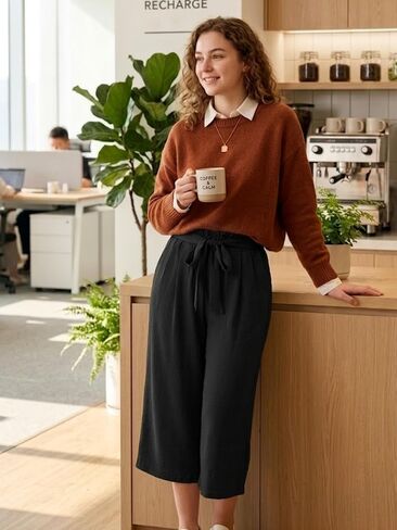 Women's Wide Leg Palazzo Pants Casual Capri Pants High Waisted with Pockets Beach Vacation Trousers in Saudi Arabia
