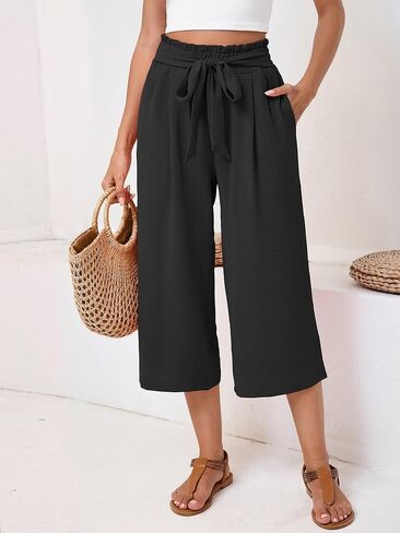 Women's Wide Leg Palazzo Pants Casual Capri Pants High Waisted with Pockets Beach Vacation Trousers in Saudi Arabia