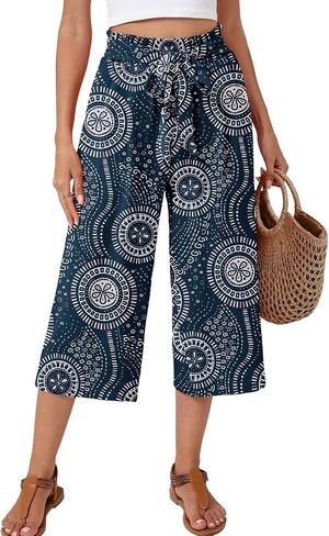Women's Wide Leg Palazzo Pants Casual Capri Pants High Waisted with Pockets Beach Vacation Trousers in Saudi Arabia