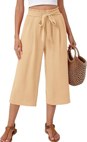 Women's Wide Leg Palazzo Pants Casual Capri Pants High Waisted with Pockets Beach Vacation Trousers in Saudi Arabia