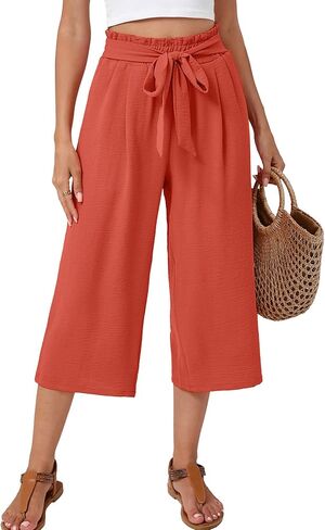 Women's Wide Leg Palazzo Pants Casual Capri Pants High Waisted with Pockets Beach Vacation Trousers in Saudi Arabia