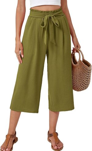 Women's Wide Leg Palazzo Pants Casual Capri Pants High Waisted with Pockets Beach Vacation Trousers in Saudi Arabia