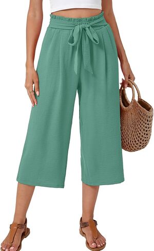 Women's Wide Leg Palazzo Pants Casual Capri Pants High Waisted with Pockets Beach Vacation Trousers in Saudi Arabia