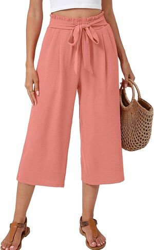 Women's Wide Leg Palazzo Pants Casual Capri Pants High Waisted with Pockets Beach Vacation Trousers in Saudi Arabia