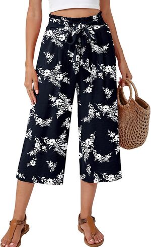 Women's Wide Leg Palazzo Pants Casual Capri Pants High Waisted with Pockets Beach Vacation Trousers in Saudi Arabia