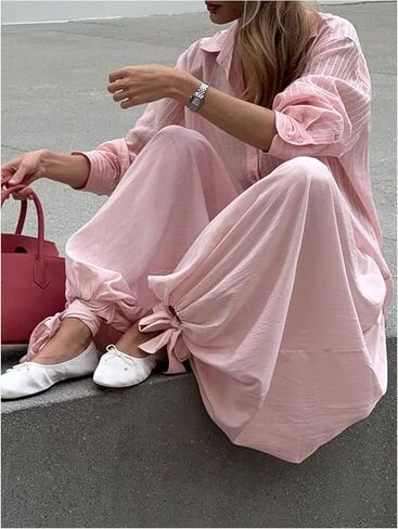 سروال نسائي صيفي من MakeMeChic سروال وردي مرن بخصر فضفاض وربطة عنق للعطلات in Kuwait