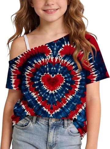 One Cold Shoulder Patriotic Tops for Girls USA Flag Stars and Stripes Graphic Print Short Sleeve 4th of July Tee Shirts in Saudi Arabia