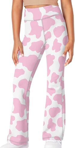 Ystardream Pink Cow Print Bell Bottoms Flare Leggings for Girls Teens High Waisted Yoga Dress Pants Tummy Control Kids Students Girls Workout Clothes 5T in Kuwait
