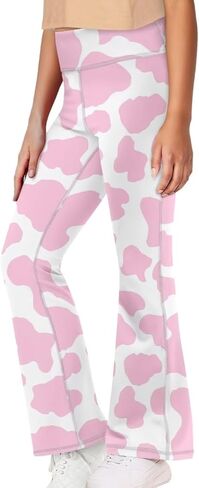 Ystardream Pink Cow Print Bell Bottoms Flare Leggings for Girls Teens High Waisted Yoga Dress Pants Tummy Control Kids Students Girls Workout Clothes 5T in Kuwait