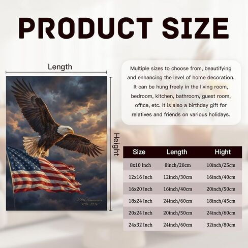 YarnArtistry 250th Anniversary Bald Eagle Patriotic Canvas Wall Art American Flag Soaring Eagle Painting Gallery Wrapped Ready to Hang Waterproof UV Resistant Fade Proof, 8x10 Inch in Saudi Arabia