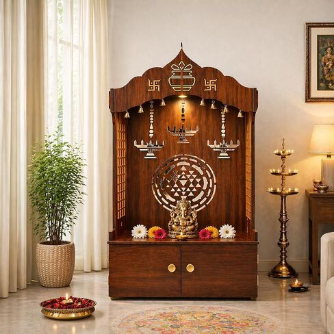 Timeless Wooden Temple/Mandir for Home with Spacious Shelf&Inbuilt Focus Light- Finish,109 Cm Brown in Saudi Arabia