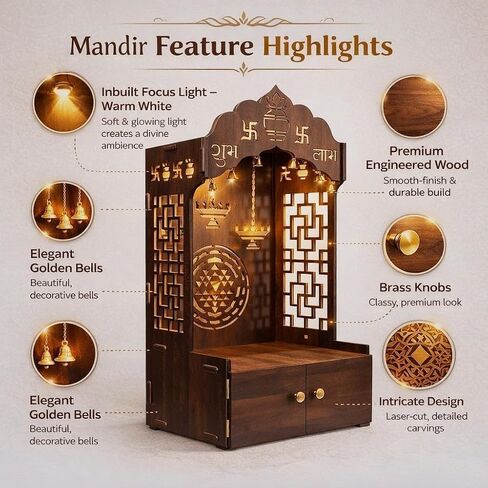 Timeless Wooden Temple/Mandir for Home with Spacious Shelf&Inbuilt Focus Light- Finish,109 Cm Brown in Saudi Arabia