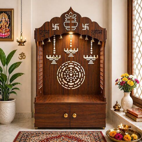 Timeless Wooden Temple/Mandir for Home with Spacious Shelf&Inbuilt Focus Light- Finish,109 Cm Brown in Saudi Arabia
