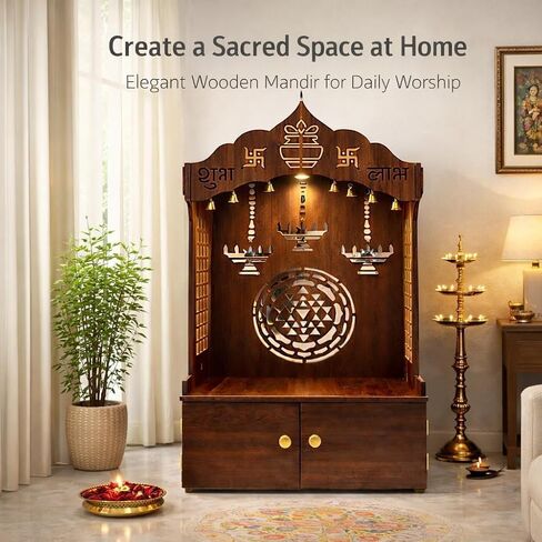 Timeless Wooden Temple/Mandir for Home with Spacious Shelf&Inbuilt Focus Light- Finish,109 Cm Brown in Saudi Arabia