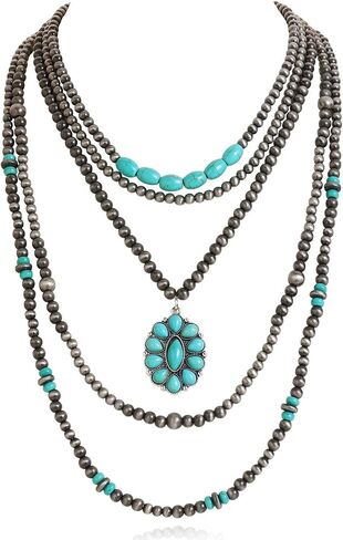 Coiris 5 Pcs Layered Western Necklace for Women Boho Navajo Pearl Beaded Stone Pendant Turquoise Cowgirl Accessories Long Necklace Jewelry for Women in Kuwait