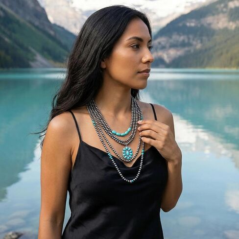Coiris 5 Pcs Layered Western Necklace for Women Boho Navajo Pearl Beaded Stone Pendant Turquoise Cowgirl Accessories Long Necklace Jewelry for Women in Kuwait