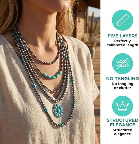 Coiris 5 Pcs Layered Western Necklace for Women Boho Navajo Pearl Beaded Stone Pendant Turquoise Cowgirl Accessories Long Necklace Jewelry for Women in Kuwait