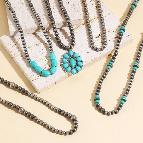 Coiris 5 Pcs Layered Western Necklace for Women Boho Navajo Pearl Beaded Stone Pendant Turquoise Cowgirl Accessories Long Necklace Jewelry for Women in Kuwait