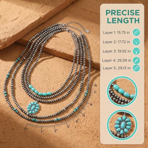 Coiris 5 Pcs Layered Western Necklace for Women Boho Navajo Pearl Beaded Stone Pendant Turquoise Cowgirl Accessories Long Necklace Jewelry for Women in Kuwait