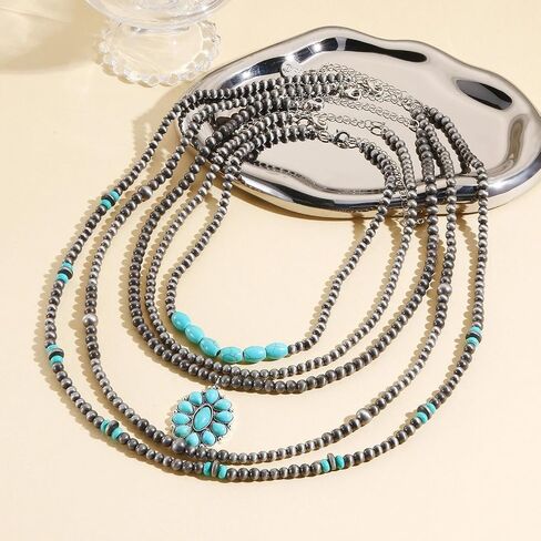 Coiris 5 Pcs Layered Western Necklace for Women Boho Navajo Pearl Beaded Stone Pendant Turquoise Cowgirl Accessories Long Necklace Jewelry for Women in Kuwait