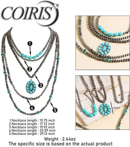 Coiris 5 Pcs Layered Western Necklace for Women Boho Navajo Pearl Beaded Stone Pendant Turquoise Cowgirl Accessories Long Necklace Jewelry for Women in Kuwait