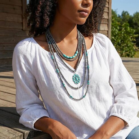 Coiris 5 Pcs Layered Western Necklace for Women Boho Navajo Pearl Beaded Stone Pendant Turquoise Cowgirl Accessories Long Necklace Jewelry for Women in Kuwait