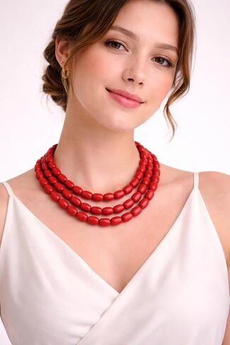 Handcrafted 3-Strand Coral Beads Necklace for Women Multi-Layer in Saudi Arabia