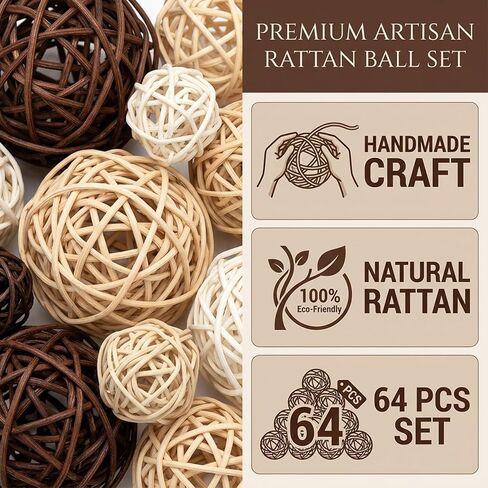 Rattan Balls 64 Pcs Decorative Balls with Natural Woven Texture, Wicker Orbs for Vase Fillers, Decorative Balls for Bowls, Table Decor, Wedding Party Decoration in Saudi Arabia