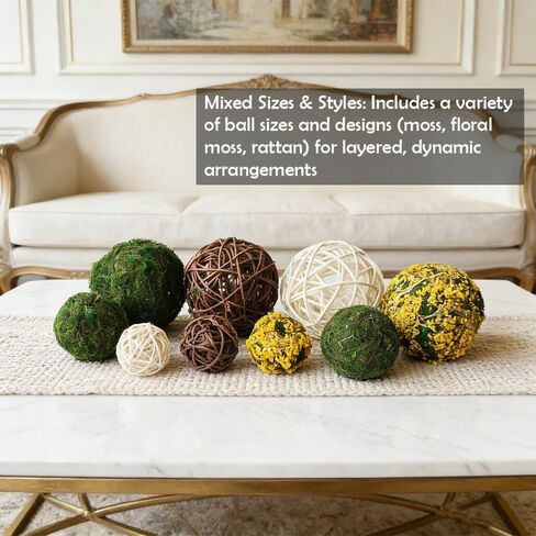 Tinsow 18Pcs Decorative Balls for Bowls, Mixed Moss Balls, Rattan Wicker Orbs & Dried Floral Sphere Bowl Fillers Decor for Home Table Centerpiece Wedding in Kuwait