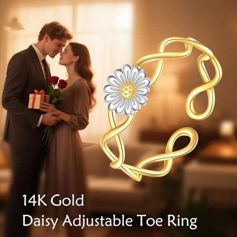 14K Solid Gold Daisy Toe Ring for Women, 14kt Real Gold Adjustable Open Toe Band Rings Summer Beach Foot Fine Jewelry Gifts for Mom Nana Christmas, Adjustable Size 4 in Saudi Arabia