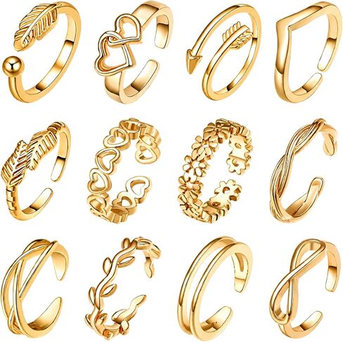 12Pcs Toe Rings for Women, Non Tarnish Gold Toe Ring Set, Adjustable Simple Hug Foot Jewelry Collection for Summer Beach Vacations and Daily Wear in Saudi Arabia