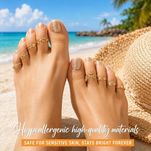 12Pcs Toe Rings for Women, Non Tarnish Gold Toe Ring Set, Adjustable Simple Hug Foot Jewelry Collection for Summer Beach Vacations and Daily Wear in Saudi Arabia
