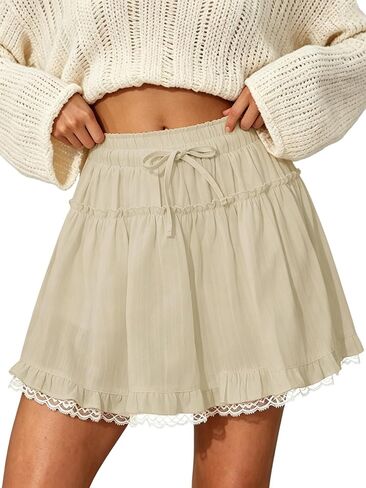 Womens Ruffle Mini Skirt Lace Layered Flowy Shorts Boho Elastic Waisted Casual Athletic Golf Tennis Skirts Black in Saudi Arabia