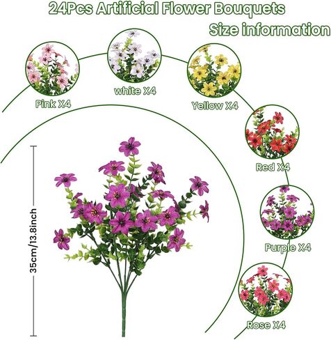 SHareconn 24 Bundles Artificial Flowers for Outdoors Decoration, Faux Plants Fake Silk Colorful Daisy Eucalyptus Lavender, UV Resistant for Outside Home Indoor Spring Decor, 6 Colors incl. White in Saudi Arabia