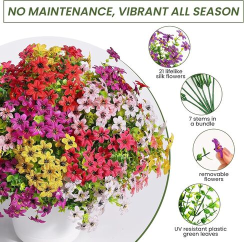 SHareconn 24 Bundles Artificial Flowers for Outdoors Decoration, Faux Plants Fake Silk Colorful Daisy Eucalyptus Lavender, UV Resistant for Outside Home Indoor Spring Decor, 6 Colors incl. White in Saudi Arabia